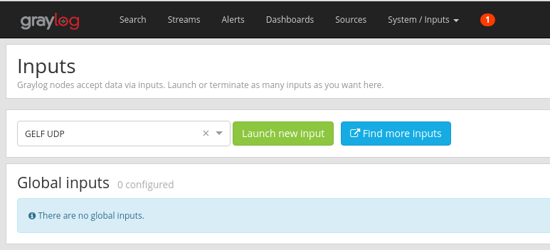 Skärmbild som visar Graylog-indata med alternativ för att starta och hitta indata.