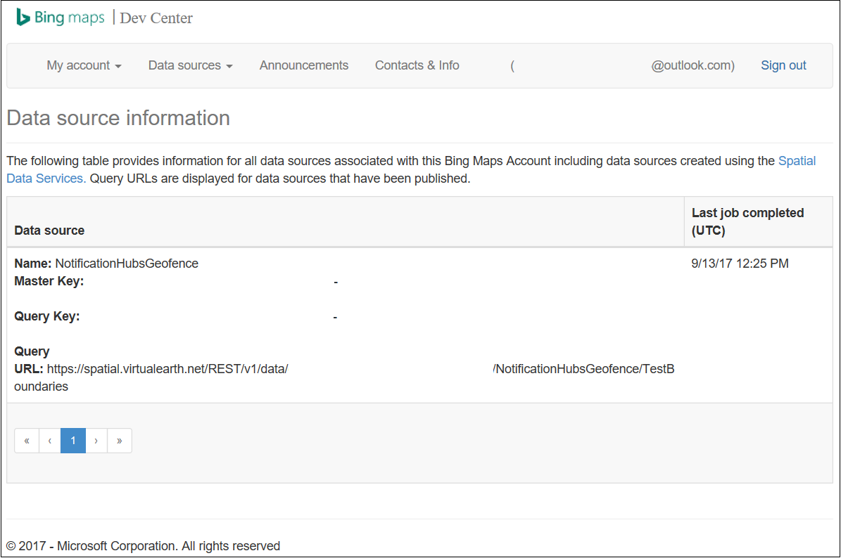 Skärmbild av Bing Maps Dev Center på informationssidan för datakälla.