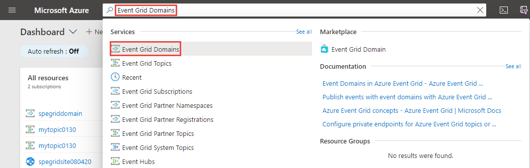 Skärmbild av Sök efter och välj Event Grid-domäner.