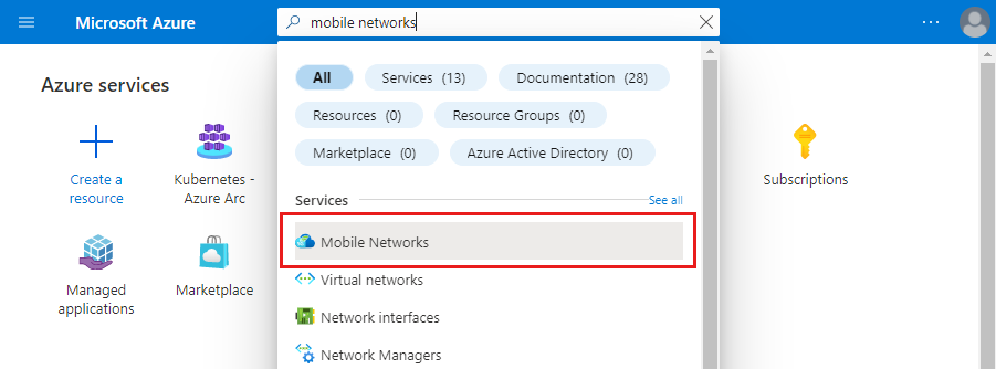 Skärmbild av Azure-portalen som visar en sökning efter mobile networks-tjänsten.