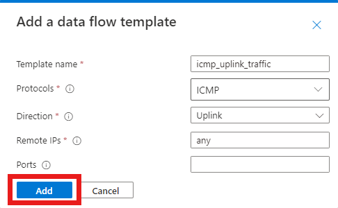 Skärmbild av Azure Portal. Popup-fönstret Lägg till en dataflödesmall visas och knappen Lägg till är markerad.