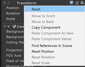 Skärmbild av Unity-inspektören för en transformeringskomponent. Snabbmenyn öppnas och Återställ har valts.