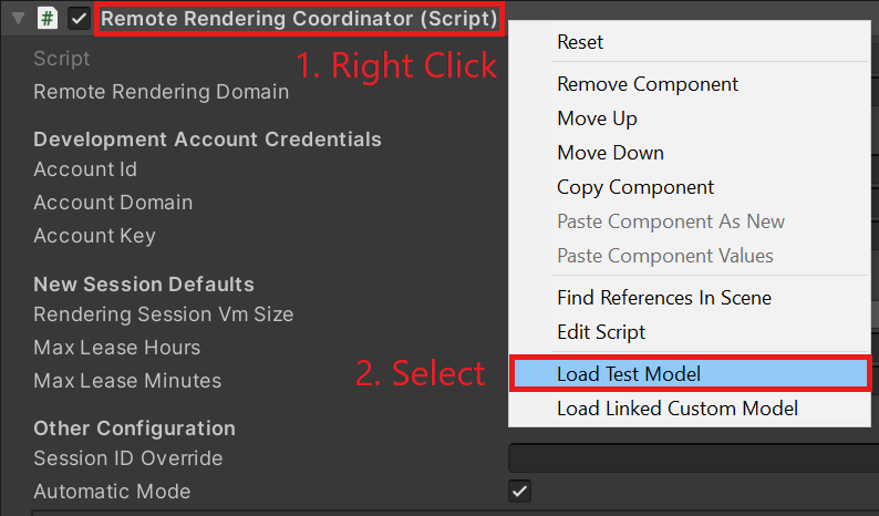 Skärmbild av Unity-inspektören för skriptet för fjärrrenderingskoordinator. Markerar instruerar att först högerklicka på namnlisten och sedan välja Läs in testmodell på snabbmenyn.
