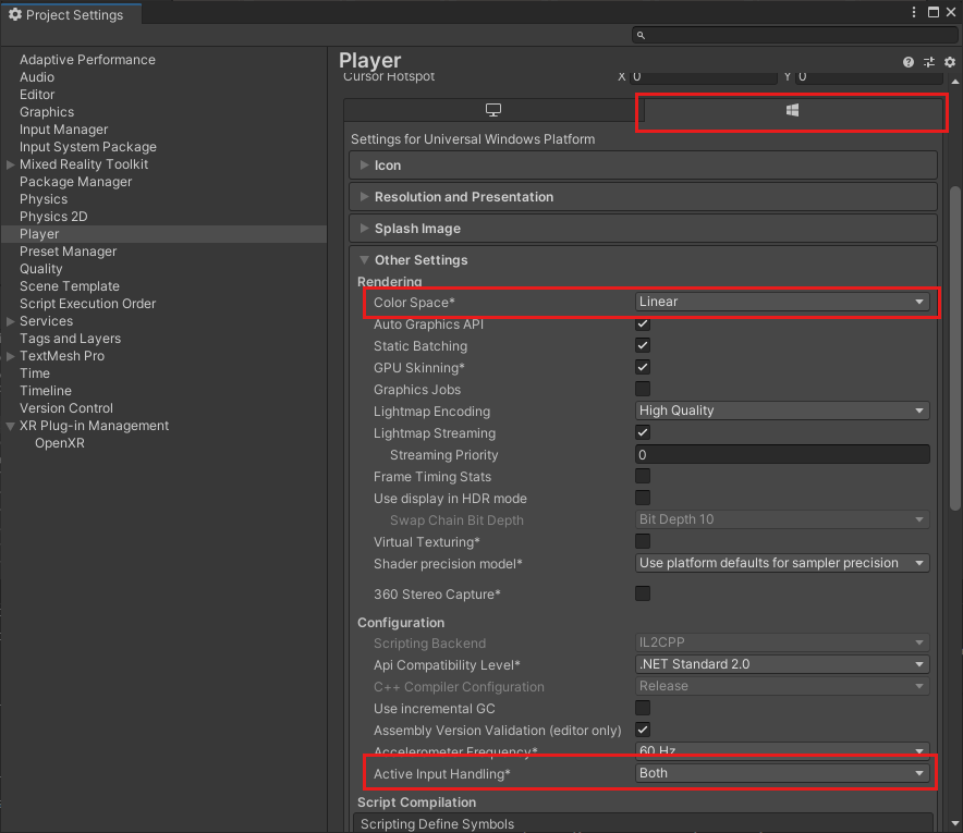 Skärmbild av dialogrutan Unity Project Inställningar. Posten Spelare är markerad i listan till vänster. Markeringar till höger placeras på fliken med Windows-logotypen, inställningen Färgutrymme och inställningen Aktiv indatahantering.