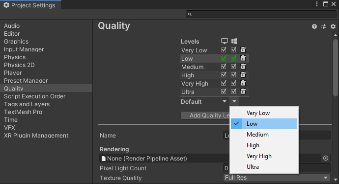 Skärmbild av dialogrutan Unity Project Inställningar. Posten Kvalitet är markerad i listan till vänster. Snabbmenyn för standardkvalitetsnivån öppnas till höger. Den låga posten är markerad.