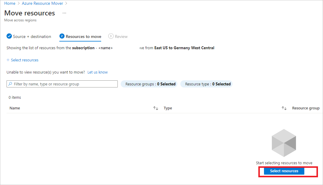 Skärmbild av fönstret Flytta resurser och knappen Välj resurser.].