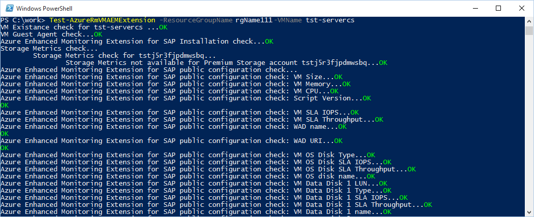 Utdata från lyckat test av Azure-tillägget för SAP