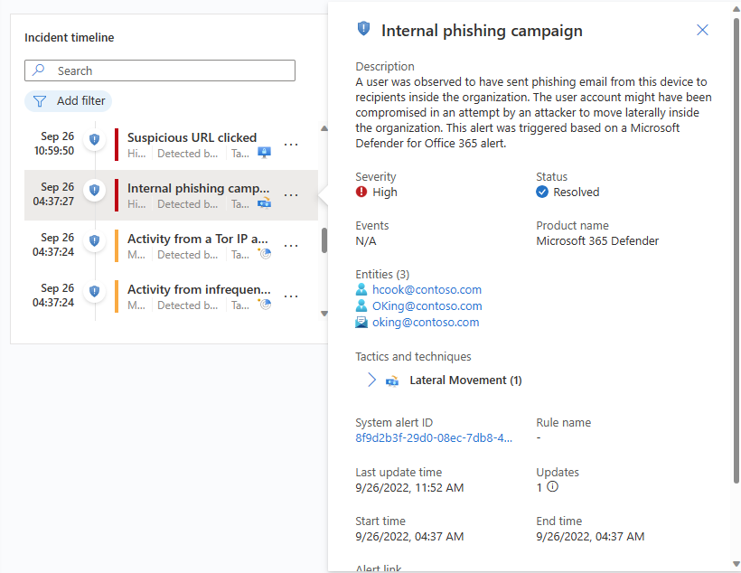 Skärmbild av information om en avisering som visas på sidan med incidentinformation.