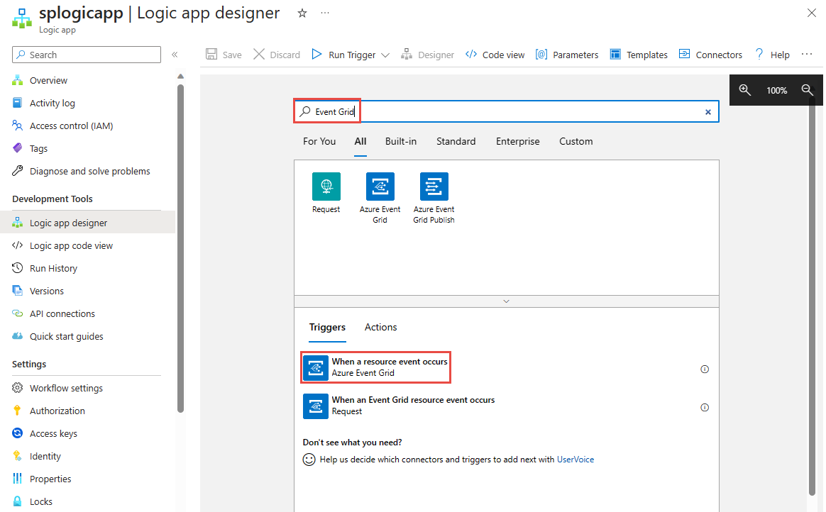 Skärmbild som visar Logikappdesignern med Event Grid-utlösaren markerad.