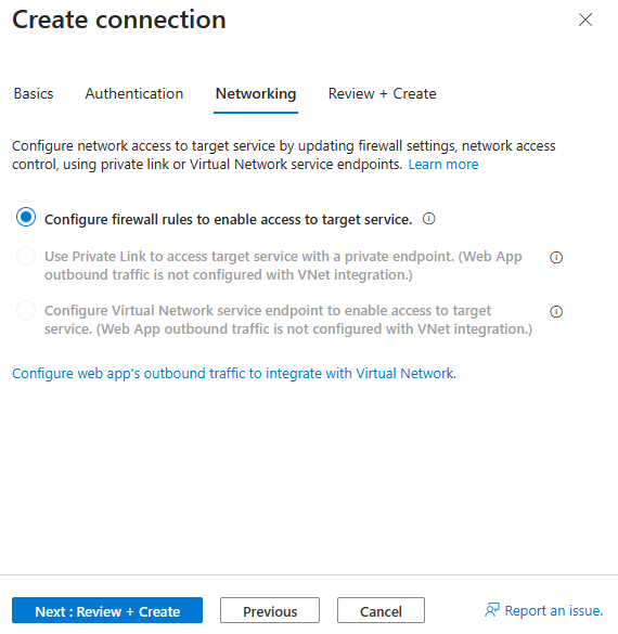 Skärmbild av Azure-portalen och välj Blob Storage-anslutningsnätverk.