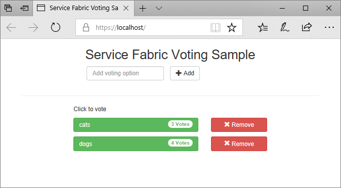 Skärmbild som visar appen Service Fabric Voting Sample som körs i en webbläsare och localhost-URL:en.