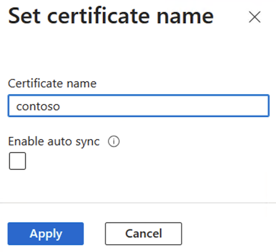 Skärmbild av dialogrutan Azure Portal Ange certifikatnamn.