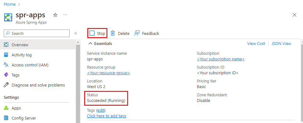 Skärmbild av Azure Portal som visar översiktssidan för Azure Spring Apps med knappen Stopp och statusvärdet markerat.
