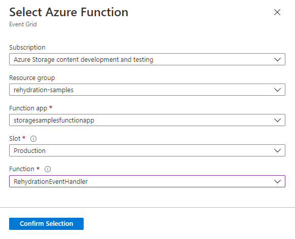 Skärmbild som visar hur du väljer en Azure-funktion som slutpunkt för en Event Grid-prenumeration