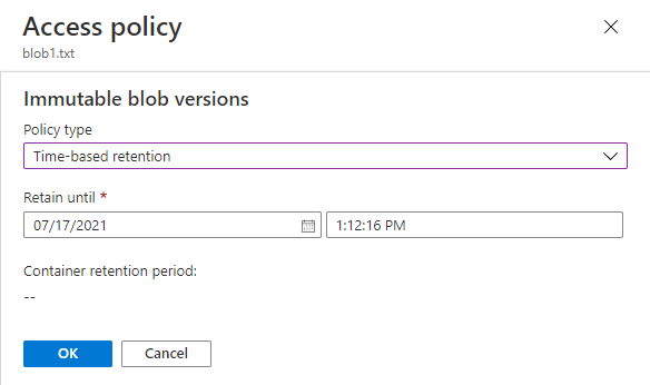 Skärmbild som visar hur du konfigurerar en kvarhållningsprincip för den aktuella versionen av en blob