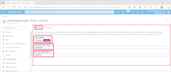 Bild som visar hur du anger egenskaperna för statisk webbplats i Azure Portal