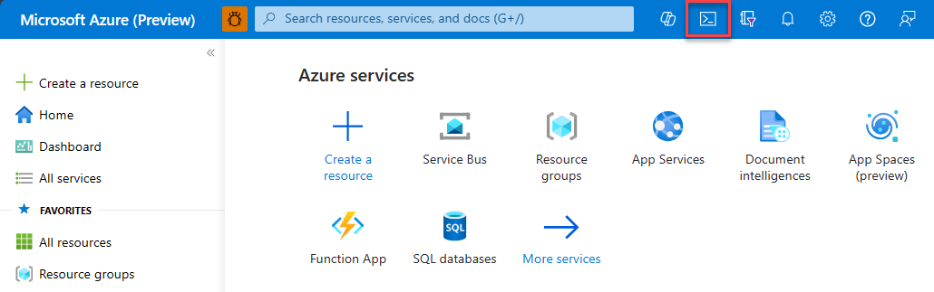 En skärmbild som visar hur du får åtkomst till Azure Developer CLI från Cloud Shell.