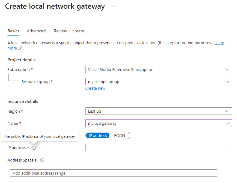 Skärmbild som visar hur du skapar en lokal nätverksgateway med hjälp av Azure Portal.