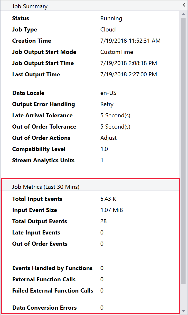 Stream Analytics job summary and job metrics