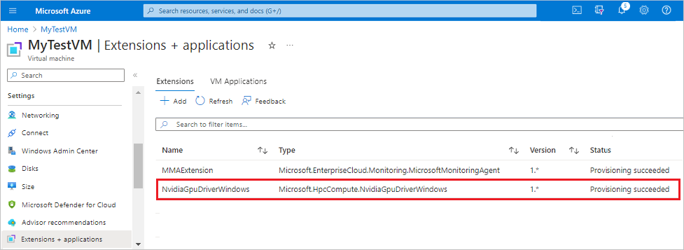 Skärmbild som visar NVIDIA GPU Driver Extension i listan över tillägg för den virtuella datorn i Azure Portal.
