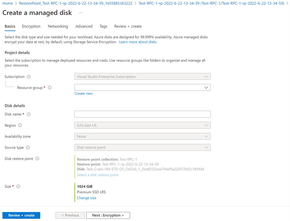 Skärmbild av förloppet för skärmen Skapa en hanterad disk.