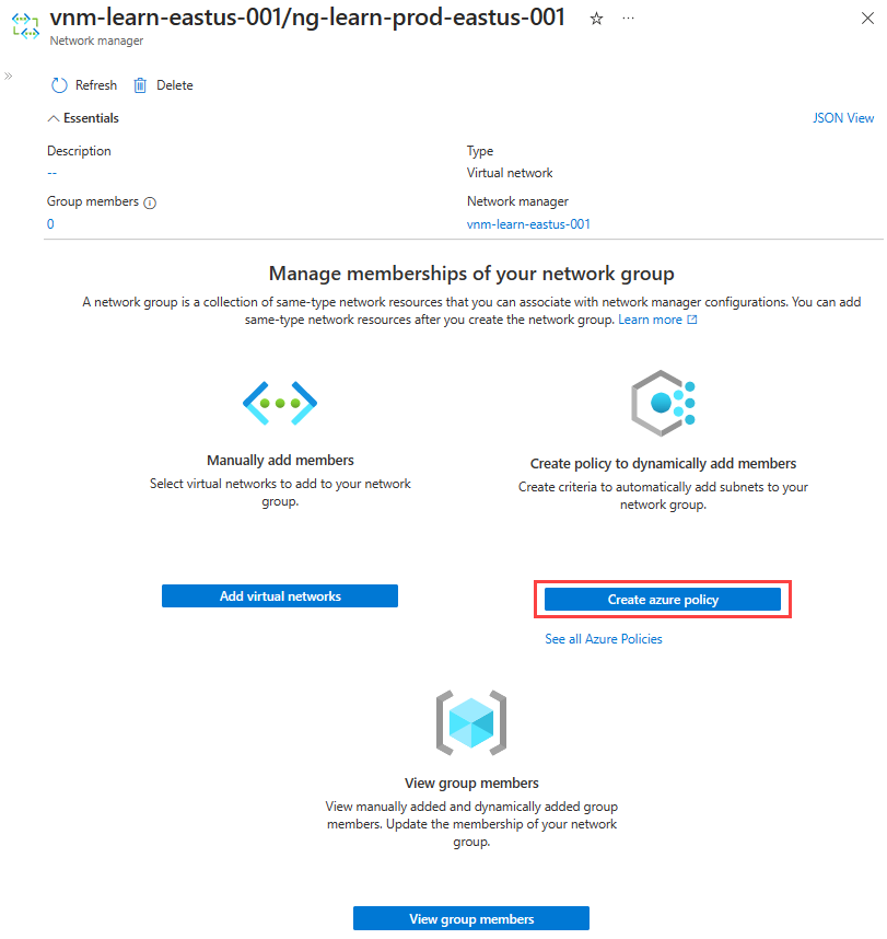 Skärmbild av knappen för att skapa en Azure-princip.