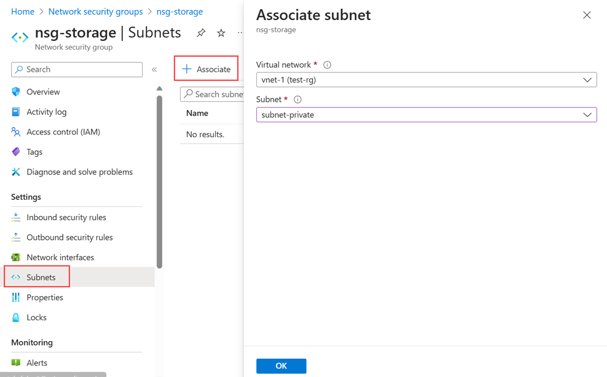 Skärmbild av det privata undernät som är associerat med nätverkssäkerhetsgruppen.