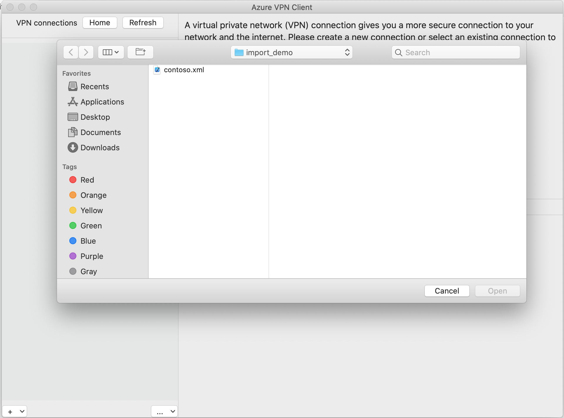 Skärmbild av azure VPN-klientimport som klickar på Öppna.