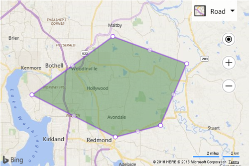 Screenshot of a Bing map showing a polygon with circular handles overlaid on top of a map of the Redmond area.