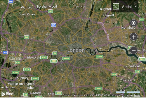 Screenshot of a Bing map showing London in the United Kingdom with aerial imagery labels in green boxes around the map.