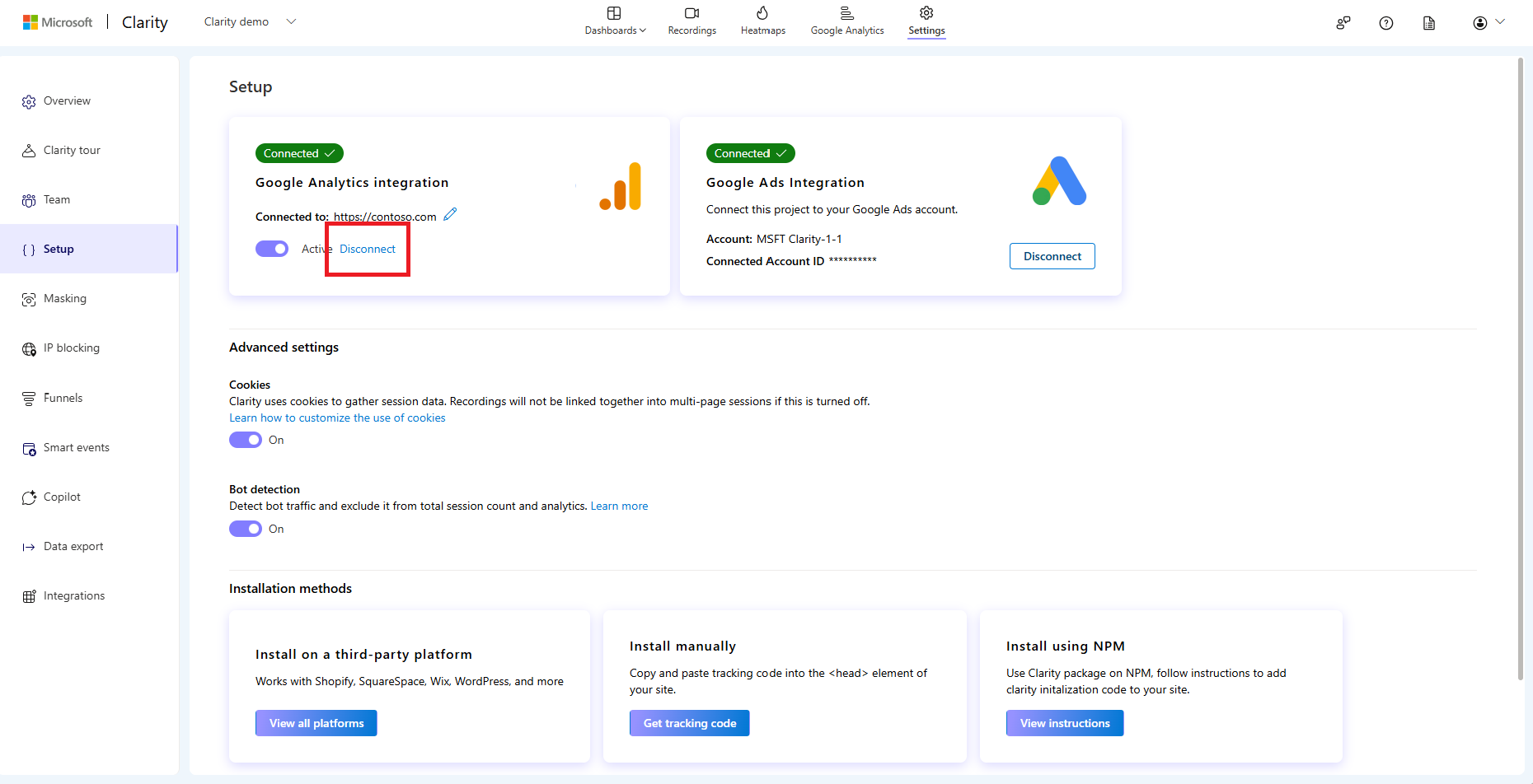 Disconnecting Google Analytics integration selection.