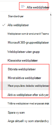 I administrationscentret för SharePoint väljer du aktiva webbplatser och använder sedan filtret Alla webbplatser.