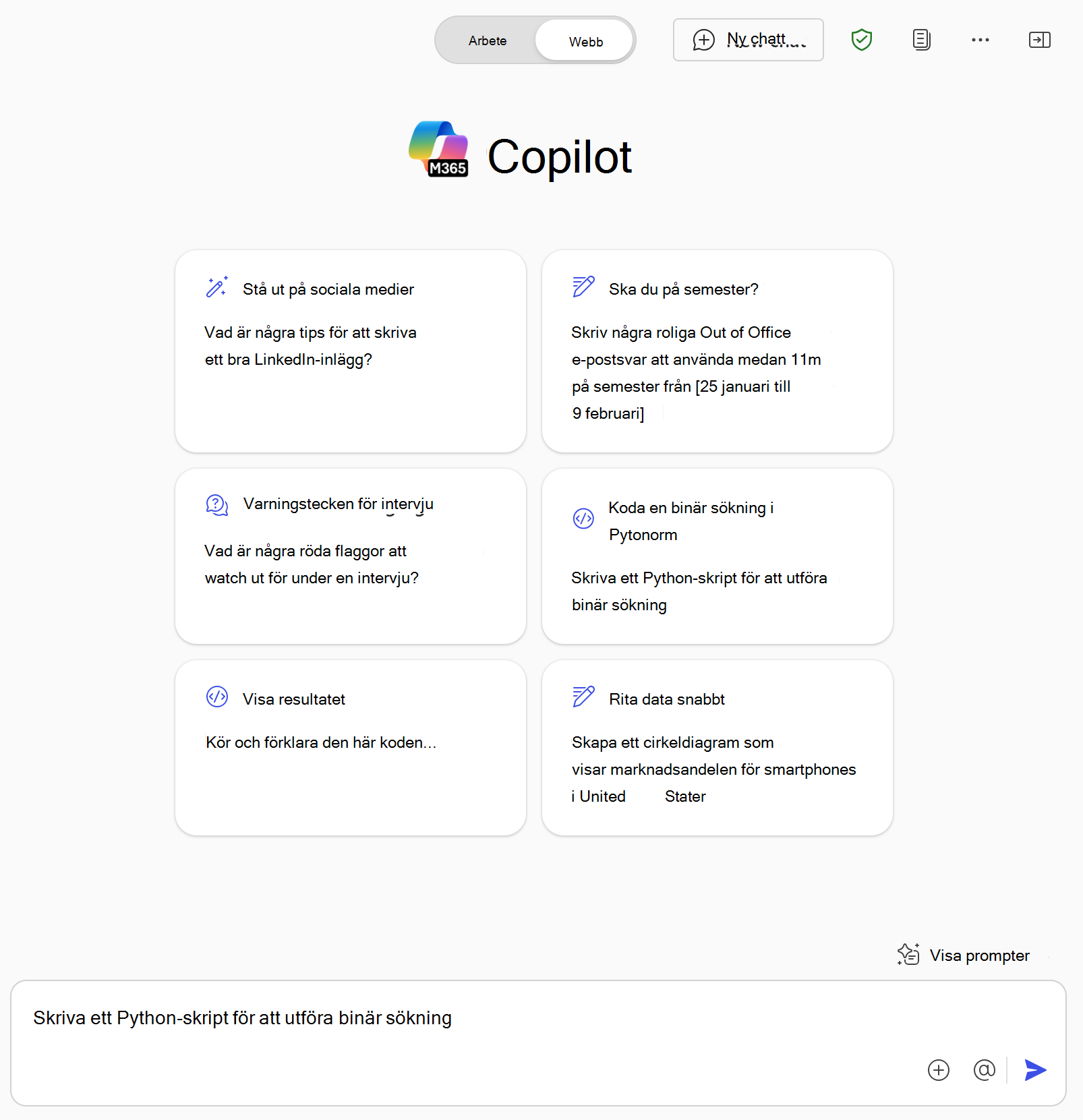 Skärmbild som visar Microsoft 365 Copilot Chat och exempelfrågor som hämtar information från Internet med webbaserad chatt.