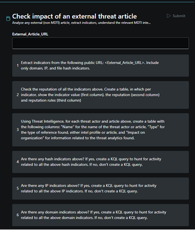 Screenshot of check impact of an external threat article promptbook.