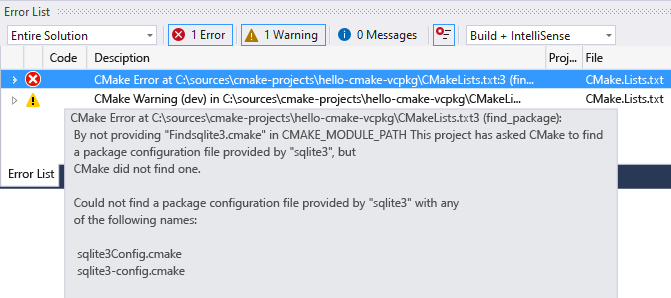 Screenshot of a C Make error in the Visual Studio error list.