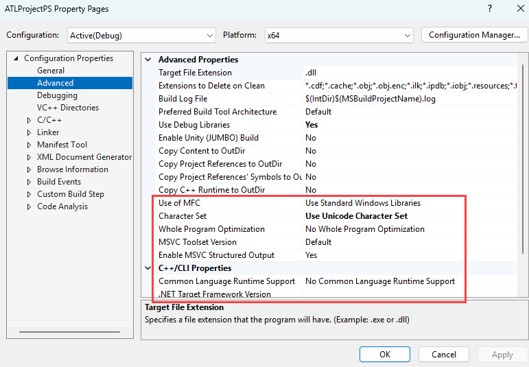 Screenshot of the Visual Studio project properties dialog.