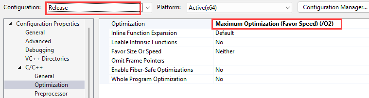 Screenshot of the Visual Studio project Property Pages dialog. The Configuration dropdown is called out and is set to Release. The C/C++ > Optimization > Optimization setting is set to Maximize Speed (/O2).