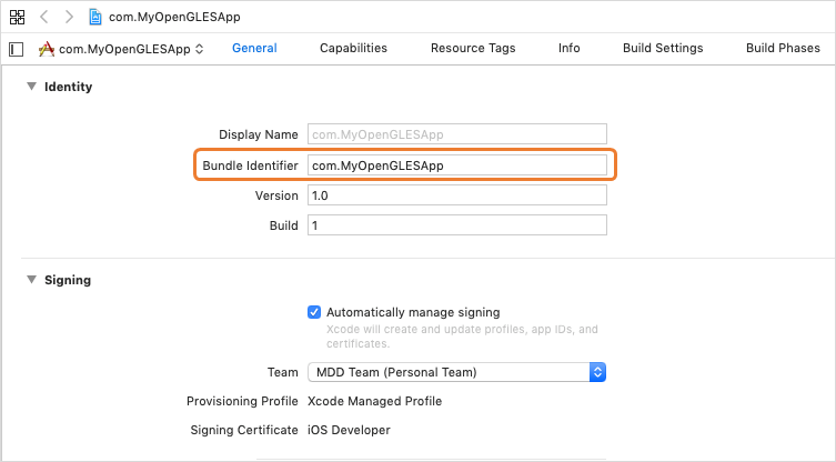 Screenshot of the Xcode bundle identifier.