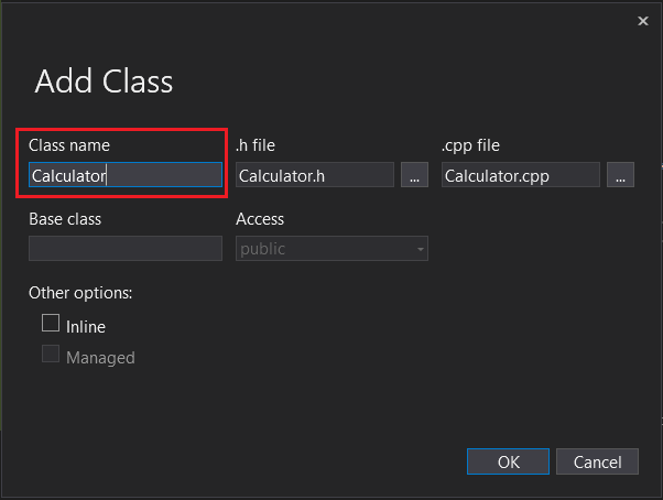 Screenshot of the Visual Studio Add Class dialog box.