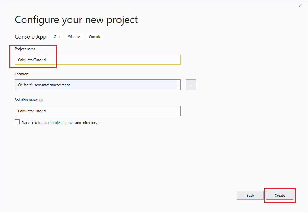 Screenshot of the Visual Studio Configure your new project dialog. It has fields for project name, project location, and Solution name.