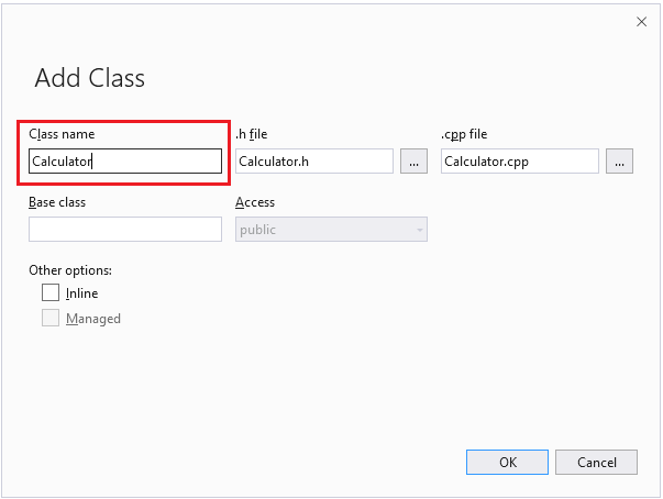 Screenshot of the Visual Studio Add Class dialog box.