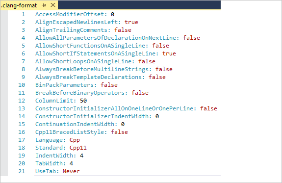 Screenshot showing a .clang-format file which has many options such as the column limit, indent width, tab width, and so on.