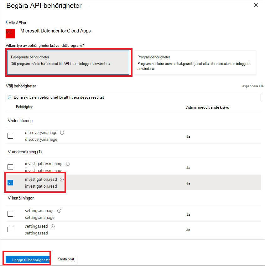 Skärmbild av att lägga till programbehörigheter.
