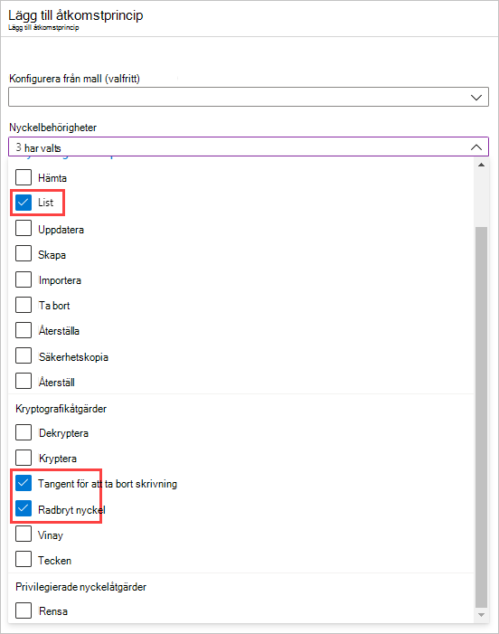 Skärmbild som visar valet av nyckelbehörigheter.