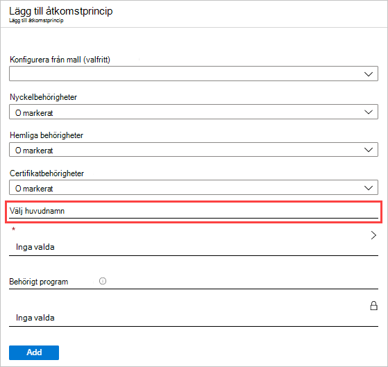 Skärmbild som visar sidan Lägg till åtkomstprincip.