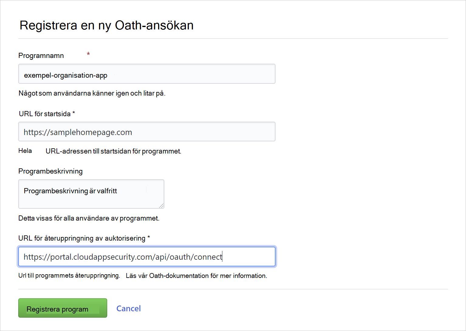Skärmbild som visar registrering av en oauth-app.