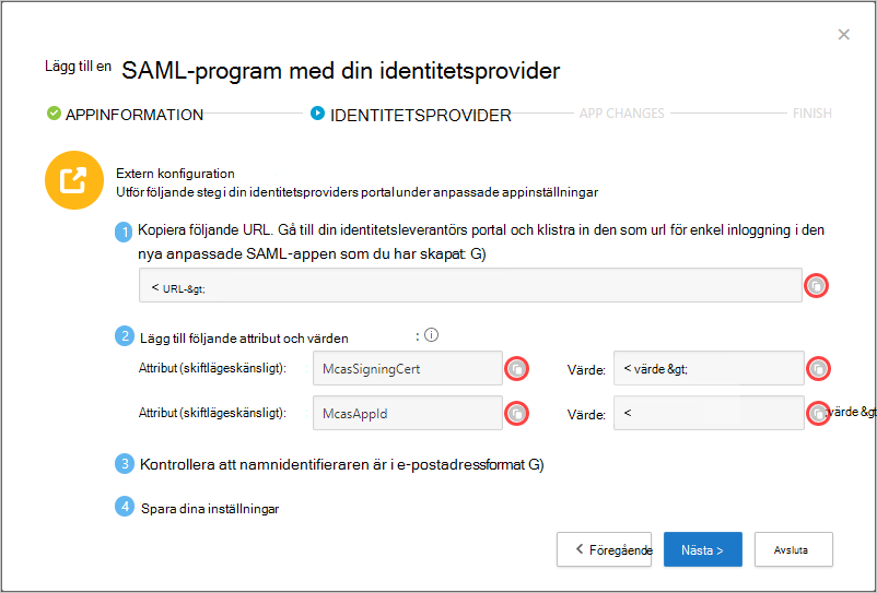 Skärmbild av sidan SAML-information.