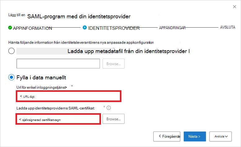 Lägg till URL för SSO-tjänsten och SAML-certifikat.