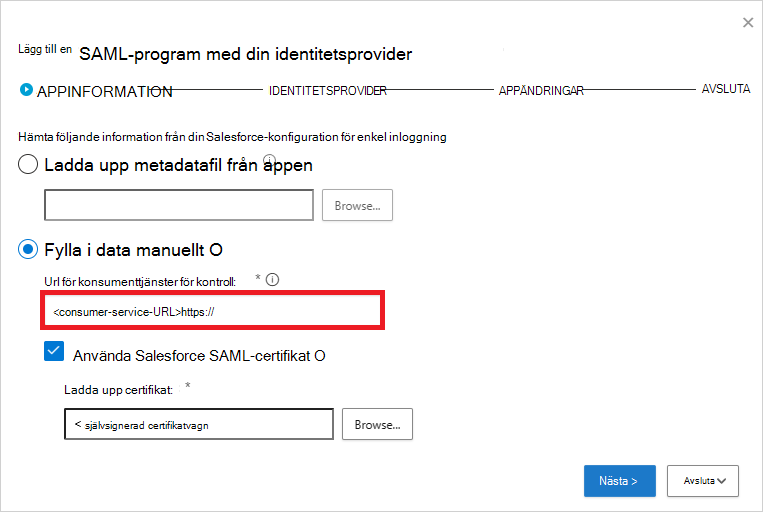 Fyll i Salesforce SAML-information manuellt.
