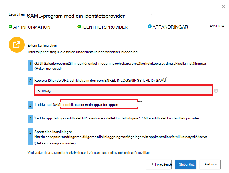 Observera Defender for Cloud Apps URL för enkel inloggning med SAML och ladda ned certifikatet.